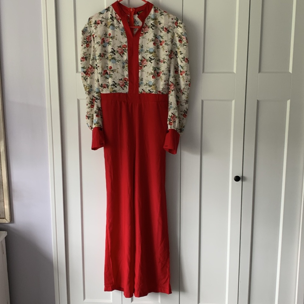 Vintage Luxuries Handmade‎ Rose Floral Red Jumpsuit 10 12 Silky Boho Grandmacore